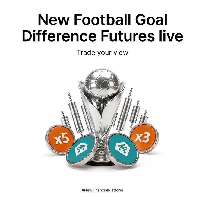 Promotional graphic announcing 'New Football Goal Difference Futures live' with the tagline 'Trade your view' and hashtag #NewFinancialPlatform, featuring a silver trophy with a soccer ball and token-style icons.