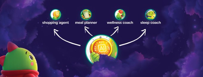 The image features a cartoon character named @sleepagotchi who appears to be a green alien with a red headband. The character is standing against a purple sky, which has white clouds scattered throughout. In front of the character, there are four circles representing different aspects of life - shopping agent, meal planner, wellness coach, and sleep coach. Each circle contains an image or text related to that particular aspect.