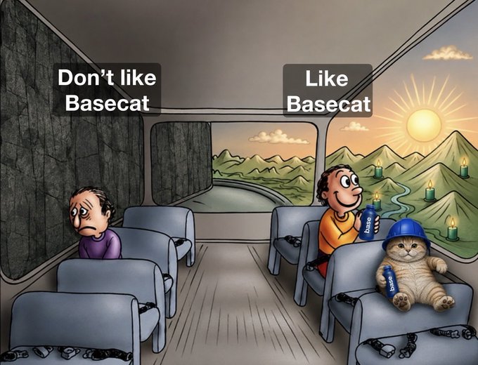 A cartoon meme depicting a bus interior divided into 'Don't like Basecat' (sad person, gloomy walls) and 'Like Basecat' (happy person and a cat wearing a blue hat with a 'base' tag, sunny landscape with candles).