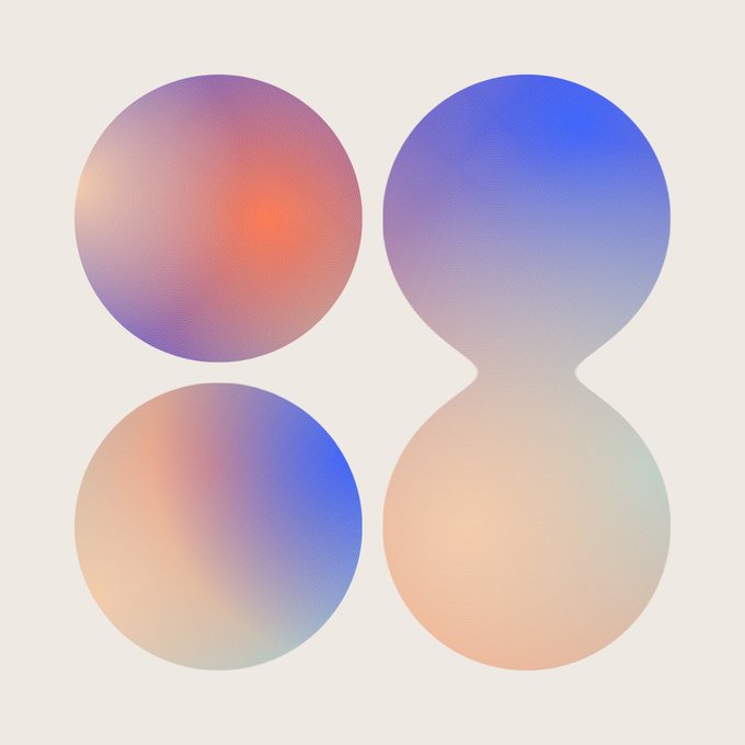 An abstract digital artwork featuring three gradient shapes—two circles and one figure-eight—rendered in soft orange, pink, and blue pastel colors.