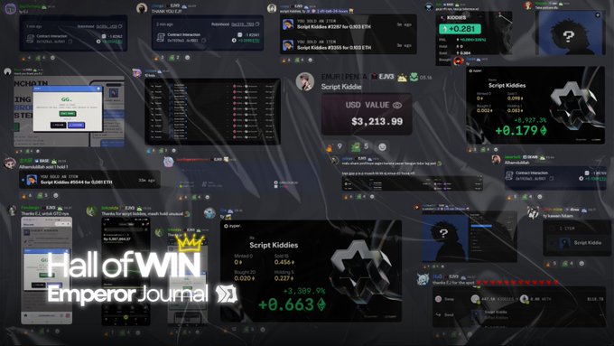 A collage of Telegram chat screenshots showcasing activity around "Script Kiddies" token, displaying price tickers (e.g., "$3,213.99" USD value, "+0.663" gains) and trading discussions, overlaid with the branding "Hall of WIN Emperor Journal" — illustrating the channel's promotion of invite codes and degen crypto trading community engagement.