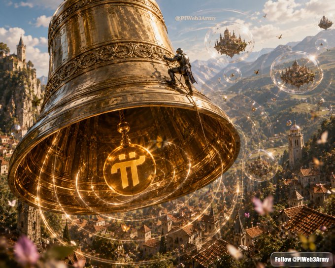 Fantasy digital artwork by @PiWeb3Army featuring a person climbing a giant golden bell inscribed with the Pi (π) cryptocurrency logo, set above a medieval village landscape.