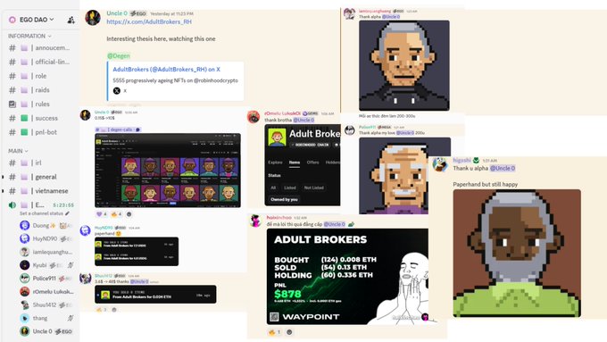 A collage of social media posts and messages centers around the 'AdultBrokers' NFT collection, featuring pixel art portraits and transaction details.