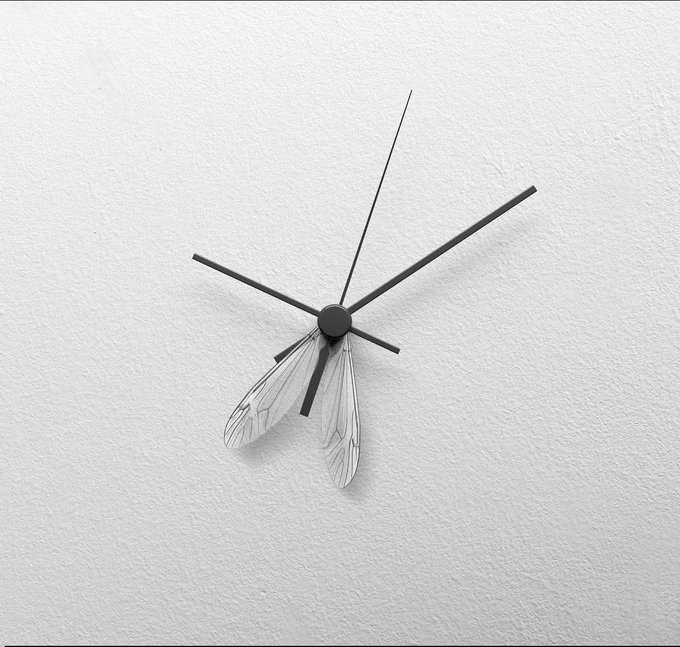 A minimalist 3D rendering of a dragonfly-shaped wall clock with long, thin hands on a white textured surface.