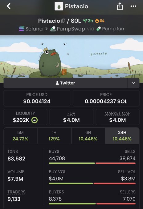 The image shows a cryptocurrency tracker page for the token "Pistacio" ($P4) on the Solana blockchain via Pump.fun, displaying a price of $0.004124 (0.00004237 SOL) with $202K liquidity and a $4.0M market cap, alongside performance metrics showing a 24-hour gain of 10,446%. The page's 24H change of 10,446% supports the post's claim of an "amazing 800x" gain, illustrating the massive returns cited by the promotional Telegram call.