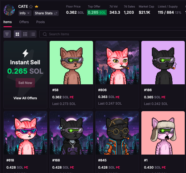 A screenshot from the CATE NFT marketplace on Solana shows various pixel-art cat NFTs listed at 0.362-0.428 SOL each, with an "Instant Sell" option at 0.265 SOL. The image illustrates the post's reference to "little cute pixel art" and supports the "do the math" comment by displaying the collection's floor price (0.362 SOL), top offer (0.265 SOL), 7D volume (343.3 SOL), and market cap ($21.1K) across its 884 listed items.
