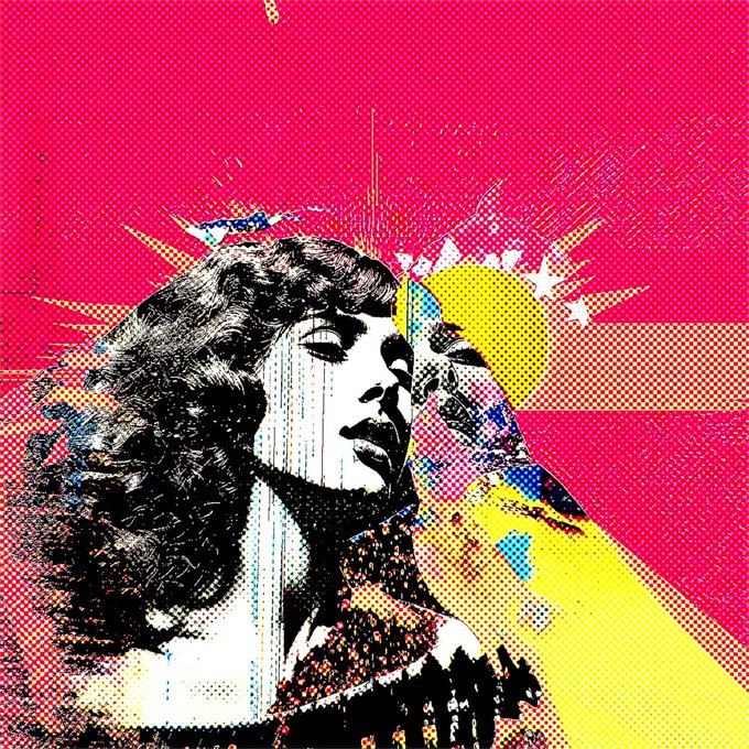 A pop art style image featuring a black and white portrait of a woman with curly hair, set against a vibrant magenta background with yellow halftone accents and paint splatter effects.