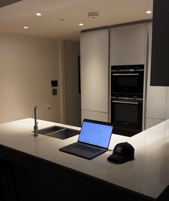 A laptop sits on a white kitchen counter next to a black 'NY' Yankees baseball cap, with modern ovens visible in the background.