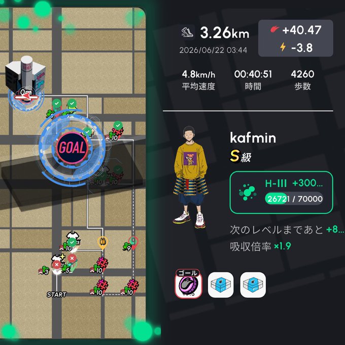 The image shows a map of an area with a person standing at the center, wearing a yellow shirt and blue jeans. The map displays various icons representing different locations or activities such as a goal, a washing machine, and a bicycle. The person is also wearing a fitness tracking device on their wrist that tracks their activity levels throughout the day.