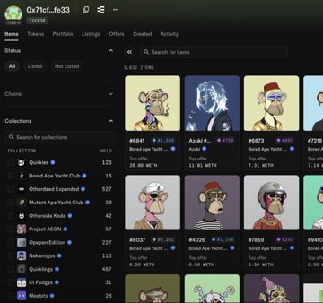 A dark-mode NFT marketplace interface showing various Bored Ape Yacht Club collection items with their respective prices in WETH, belonging to user '0x71cf_fe33'.