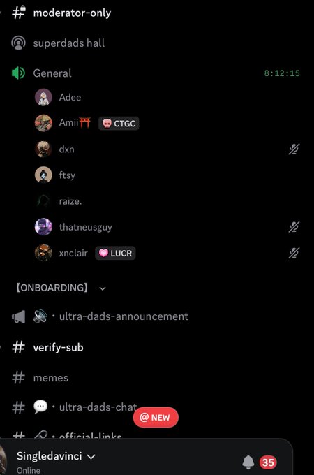 A Discord server interface showing the "General" voice channel with 8 users online (Adee, AmitT, dxn, ftsy, raize., thatneusguy, xnclair) at 8:12:15, alongside channels like #memes, #verify-sub, and #ultra-dads-chat. The "Hunting bugs for 8 hours" caption playfully references the user's grueling coding session, with the late-night timestamp and online community members suggesting a long debugging grind.