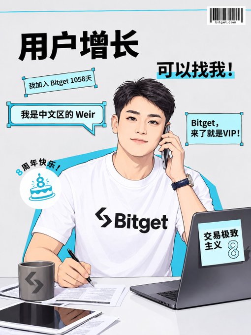 A promotional poster featuring a young man wearing a Bitget-branded white t-shirt, surrounded by Chinese text bubbles including "用户增长" (user growth), "我加入Bitget 1058天" (I've been with Bitget 1058 days), "我是中文区的Weir" (I'm Weir from the Chinese region), and "Bitget, 来了就是VIP!" (Once with Bitget, you're a VIP!), with an "8周年快乐" (Happy 8th Anniversary) badge and "bitget.com" displayed.