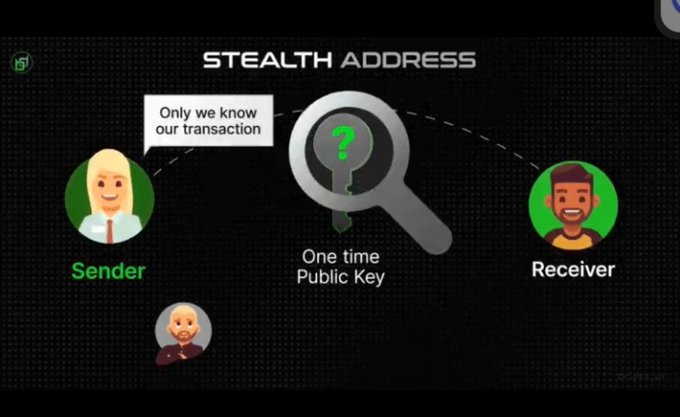 An infographic illustrating the 'Stealth Address' concept in cryptocurrency, showing a Sender and Receiver with a central magnifying glass revealing a 'One time Public Key' and a speech bubble stating 'Only we know our transaction'.