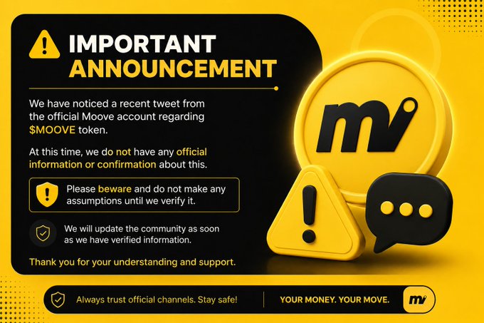 The image features an important notice posted by Moove, a cryptocurrency exchange platform. The notice is written in black text against a yellow background with a red triangle at the top. It reads "Important Notice for the Moove Community We have seen the recent post from the official @moovexyz account regarding the $MOOVE token."

The main content of the image includes a yellow circle, which is a symbol often associated with cryptocurrency logos or tokens. The text in the image provides information about the Moove community and the Moove token, stating that no detailed information or official clarification has been provided yet. This message serves as a reminder for users to be cautious and verify any new information they come across regarding the Moove token before making decisions related to it.