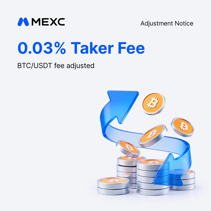The image features a stack of coins with one coin positioned at the bottom that says "MEXC", followed by an adjustment notice stating that trading $BTC just got cheaper with a 0.03%taker fee. The coins are placed on top of each other, and there is also another stack of coins in the background, but it is obscured.