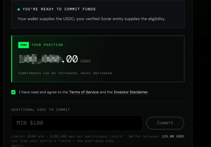 A dark-themed cryptocurrency interface shows a confirmation prompt reading 'YOU'RE READY TO COMMIT FUNDS' with a position of .00 USDC, a checkbox for Terms of Service, an 'Additional USDC to commit' field showing 'MIN $100', and a wallet balance of 125.00 USDC.