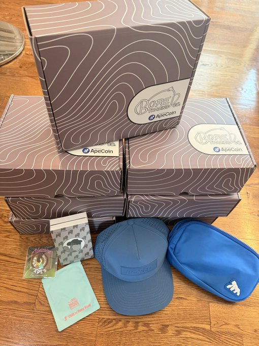 The image shows stacked brown "Bored Tokenapes" boxes branded with ApeCoin logos, along with contents including a blue "Bored" branded hat, a blue ape-logo fanny pack, an MBA air freshener labeled "VIBES IN EVERY BREEZE!", a card featuring Vera from @veratheape, and a Border Security/Ledger package—matching the described packing and shipping wave of @WelcomeApes merchandise and gifts.