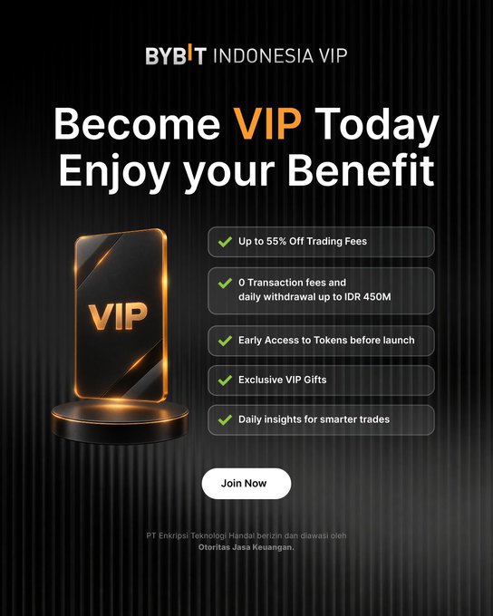 A promotional advertisement for BYBIT INDONESIA VIP, highlighting benefits like up to 55% off trading fees, zero transaction fees, and early access to tokens, with a 'Join Now' button.