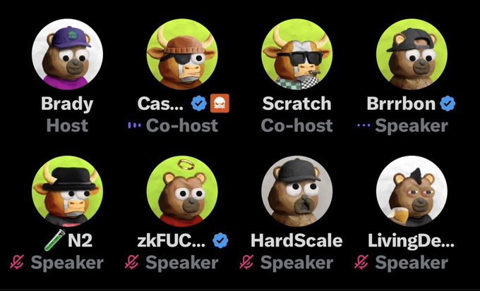 The image shows a virtual meeting with eight participants represented by cartoon bull avatars, including Brady (Host), Cas... (Co-host), Scratch (Co-host), Brrrbon (Speaker), N2 (Speaker), zkFUC... (Speaker), HardScale (Speaker), and LivingDe... (Speaker), all featuring bull-themed icons that align with the "Clay StonKz" crypto/stock-market meme reference. The bull imagery and "StonKz" name suggest this is likely a crypto or meme-stock related discussion panel.