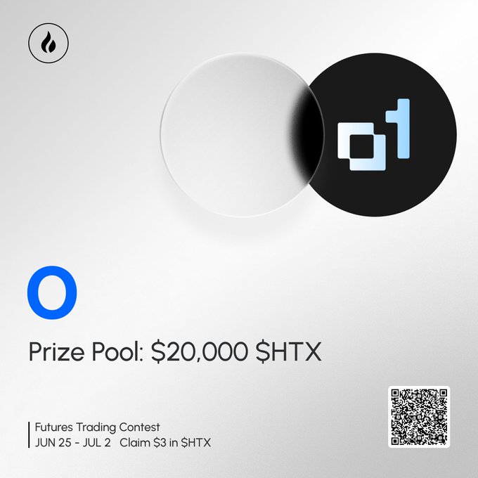 A promotional graphic announcing a Futures Trading Contest from June 25 to July 2, featuring a $20,000 $HTX prize pool for trading the new AI-powered DEX token "O" on the HTX platform, accompanied by a QR code for registration. The design uses a minimalist aesthetic with overlapping white and black circles and the token's "O" logo in blue.