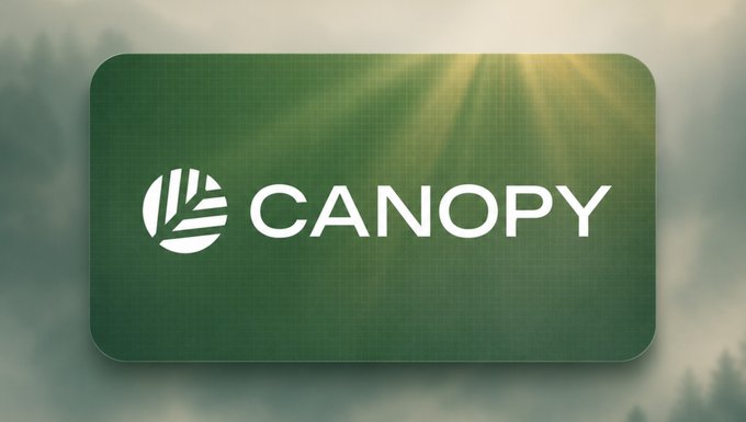 A green rectangular logo or button displaying the word 'CANOPY' in white text alongside a leaf icon, set against a misty forest background with sun rays.