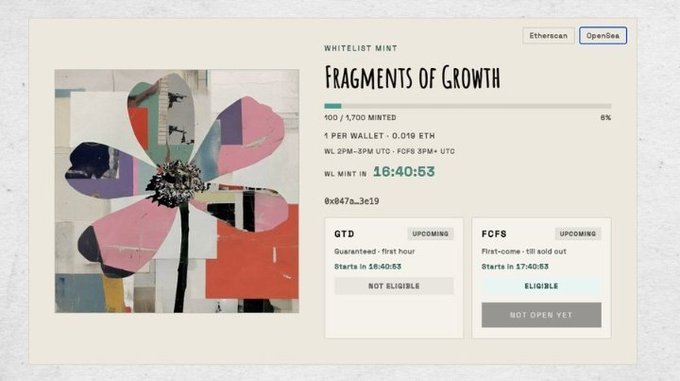 The image shows a "Fragments of Growth" NFT mint page from "Whitelist Mint" with 100/1,700 minted at 0.019 ETH per wallet, featuring an abstract floral artwork in pink, teal, and neutral tones. The post critiques the mint, suggesting the only draw is a doxxed web2 artist and that the price of $30+ isn't justified, predicting it will underperform similar projects.