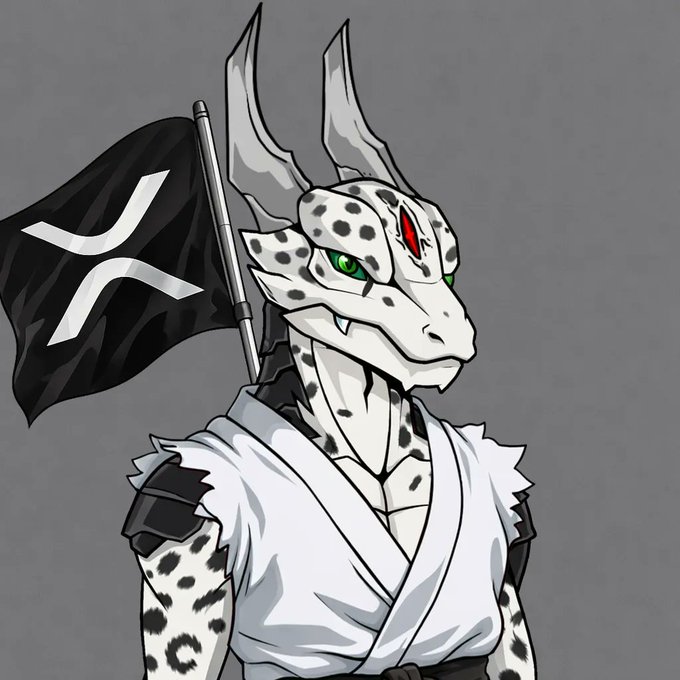 A digital illustration of a horned, white reptilian humanoid with green eyes and black spots, wearing a torn white martial arts gi and holding a black flag with a white logo.