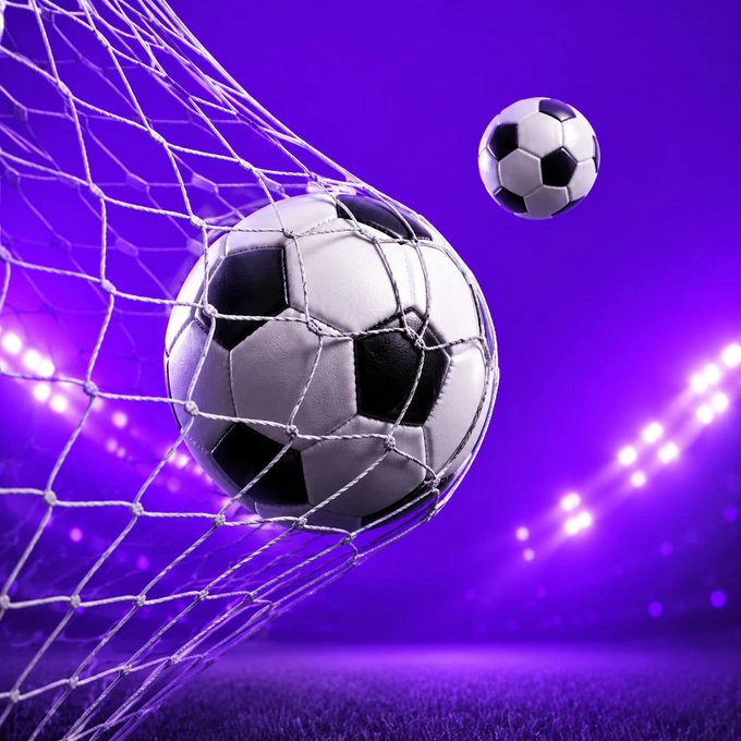 A stylized 3D illustration of two black-and-white soccer balls, one caught in a goal net and another flying through a purple-lit stadium scene.