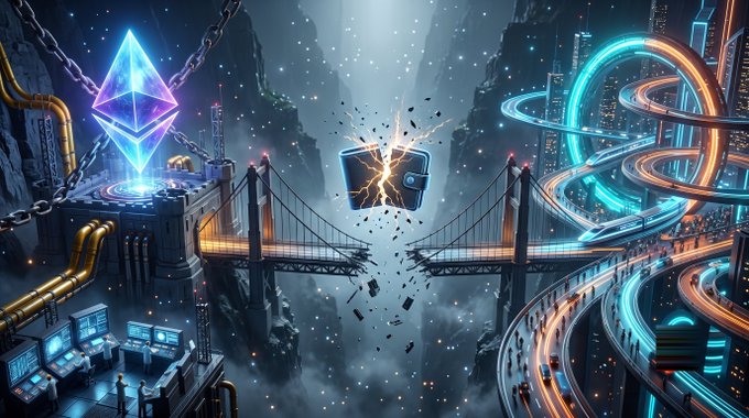 A digital artwork depicting a glowing Ethereum logo chained on the left and a splitting Bitcoin with neon-lit futuristic bridges and highways connecting them.