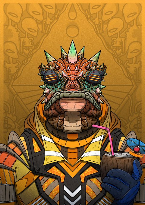 A digital illustration of a humanoid lizard/turtle warrior character in orange and yellow armor holding a coconut drink with a straw and cherry garnish against an ornate gold background.