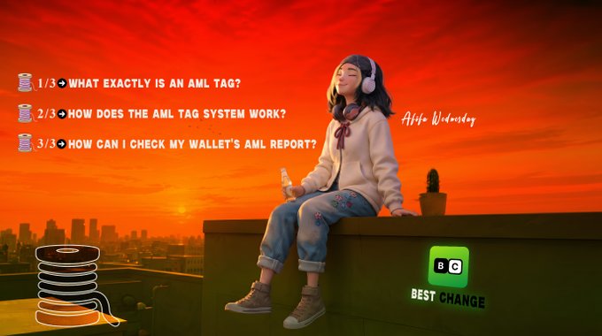 A promotional graphic with the "BEST CHANGE" logo showing an anime-style character sitting on a rooftop at sunset, with text questions about AML tags and an "Alyfe Wednesday" signature.