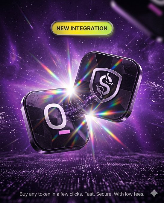 The image features a purple background with two squares of different colors - one black and one pink. The squares are floating in space, appearing to be in mid-air. Above them, there's text that reads "New Integration" followed by an explanation about integrating the White-label Widget from @QwertiAI into their system.