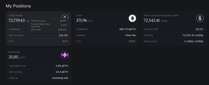 A 'My Positions' dashboard showing DeFi metrics including 72,739.43 USDP issued, a 371.96 ETH loan with 369.75 lpETH collateral, and a 72,542.41 USDP auto-compounding earn vault with 18.2% APR.