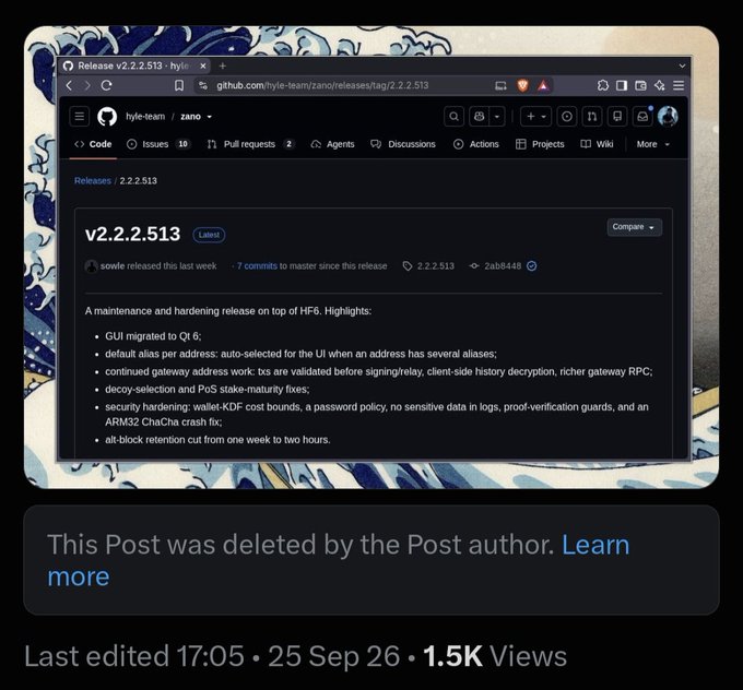 A screenshot of a GitHub release page for zano v2.2.2.513 by hyule-team, detailing maintenance updates including GUI migration to Qt 6 and security hardening, with a note that the post was deleted by the author.