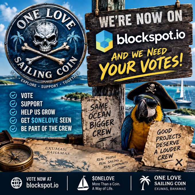 A pirate-themed promotional graphic for 'ONE LOVE SAILING COIN' features a parrot wearing an eye patch and pirate hat, with text announcing the token is 'NOW ON blockspot.io' and requesting votes.