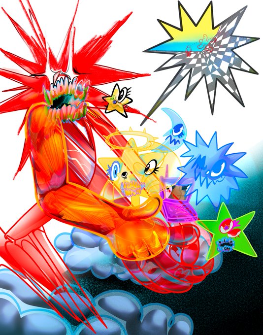 The image shows a chaotic, surreal digital illustration featuring a translucent orange figure surrounded by various colorful star-shaped creatures with fierce expressions—red, black-and-white checkered, blue, yellow, and green—all set against clouds and a gradient sky. It captures the meme-like energy of "algo don't fail me now," with the wild, attention-grabbing visuals symbolizing a frenzied appeal for visibility amid algorithmic chaos.
