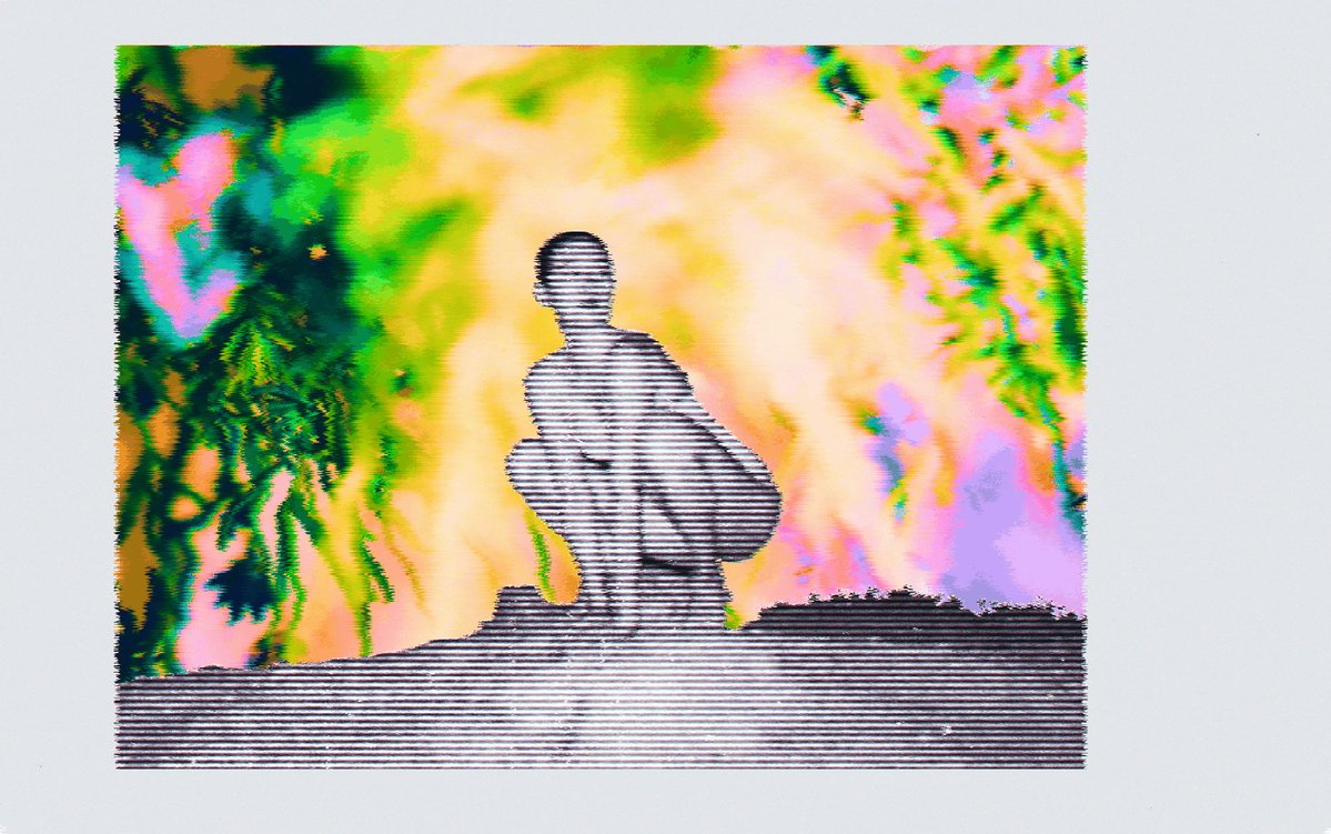 The image features a person sitting cross-legged with their legs crossed, facing away from the camera. They are positioned near a rock formation or mountain top, which adds an element of nature to the scene. The background appears to be a blend of colors, possibly representing a sunset or sunrise, creating a serene and peaceful atmosphere. The image also includes text that reads "Gm!Surrounded by noise, still searching for something real." This phrase could be interpreted as a metaphor for the person's search for meaning or purpose in life amidst the chaos and distractions of modern society.
