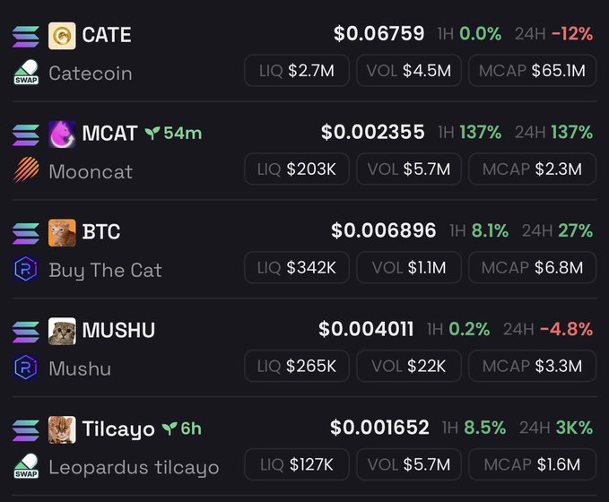A cryptocurrency watchlist on Solana featuring cat-themed tokens, including CATE ($0.06759), MCAT ($0.002355, up 137%), BTC ($0.006896), MUSHU ($0.004011), and Tilcayo ($0.001652), with market caps ranging from $1.6M to $65.1M and notable liquidity and volume data for each.