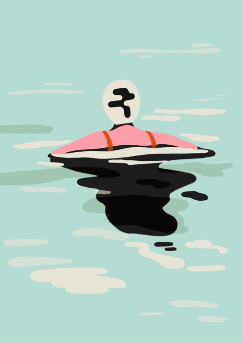 A minimalist digital illustration of a figure in a pink inner tube floating on water, with a large black ink-like spill beneath them on a light blue background.