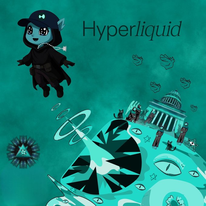 The image features a cartoon character wearing a black hat with a bow on top of their head flying through the air above a blue planet. The planet has a large dome-like structure at its center that appears to be emitting a bright light, possibly from a star or a source of energy. The caption reads "If you're reading this, Hyperliquid." This suggests that the image is related to the concept of Hyper Liquid, which could be an artistic representation or a visual metaphor for something abstract and thought-provoking.