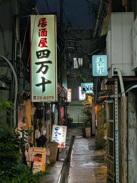 A narrow, atmospheric alleyway in Japan is illuminated by glowing vertical signs, including one prominently reading "居酒屋 四万十" (Izakaya Shimanto) with the number "329-4279" displayed below. The moody, lantern-lit scene captures the quintessential charm of a backstreet Japanese drinking establishment, matching the post's admiring "いいぞ…これは…" ("Nice... this is...").