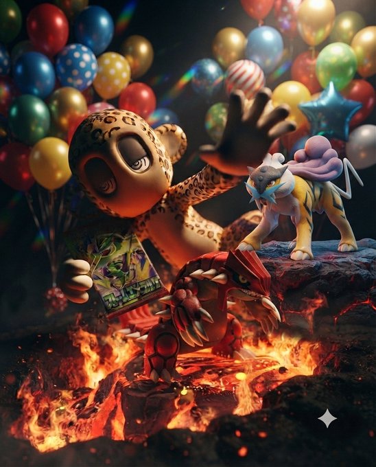 A dramatic digital artwork featuring a leopard-headed figure holding a Pokémon card, surrounded by Pokémon characters including Raikou and Groudon, set against a backdrop of colorful balloons and flames.