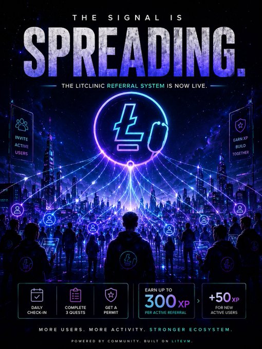 The image features a poster for the LitClinic referral system that has been updated with new information about its functionality. It shows a group of people standing together under a large neon sign, which represents the LitClinic logo. The poster also includes text that explains the purpose and benefits of using the LitClinic system to build an active online community.