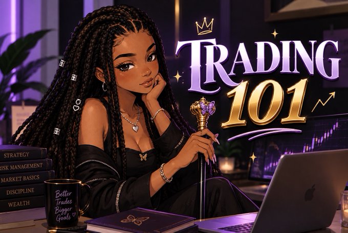 A stylized illustration titled 'TRADING 101' features a young woman with long braids holding a crown-topped scepter, surrounded by books on strategy, risk management, and market basics.