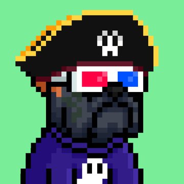 A pixel art character depicting a bearded figure wearing a black pirate hat with a skull symbol and red-blue 3D glasses against a green background.