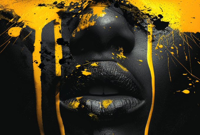 A close-up of a person's lower face painted black with vibrant yellow paint dripping and splattered across the lips and skin, fitting the bold "Gm legends of web3" greeting with its striking, abstract aesthetic.