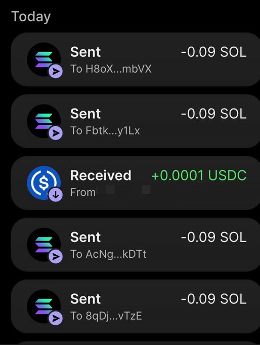 A mobile crypto wallet activity feed showing today's transactions: four "Sent" transactions of -0.09 SOL each to different addresses (H8oX...mbVX, Fbtk...y1Lx, AcNg...kDTt, 8qDj...vTzE), along with one "Received" transaction of +0.0001 USDC, illustrating the SOL rewards being distributed to wallet addresses as mentioned in the post.