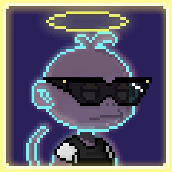 A pixel art illustration of a bald purple alien-like figure wearing sunglasses and a golden halo above its head, set against a dark background with a glowing yellow border.