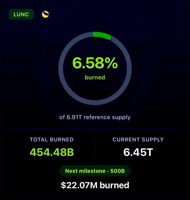 A dashboard displays LUNC token burn statistics, showing 6.58% (454.48B tokens) burned of a 6.91T reference supply, leaving a current supply of 6.45T, with $22.07M worth of LUNC burned toward the next 500B milestone—visually reinforcing the post's message that "Every burn counts $LUNC."