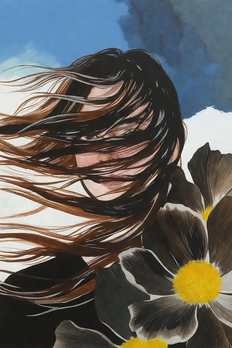 An illustration shows a person with flowing black and brown hair standing beside a large black-and-white flower with a yellow center against a blue sky background.